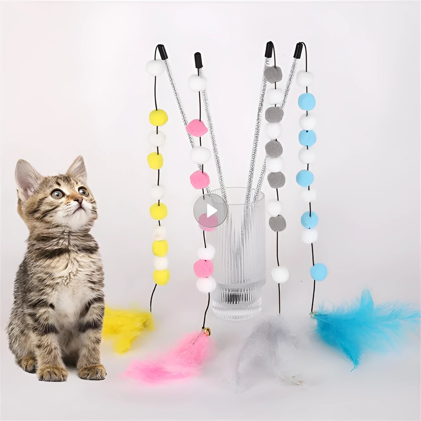 Blue cat feather teaser stick with bell measuring 31cm long for interactive play