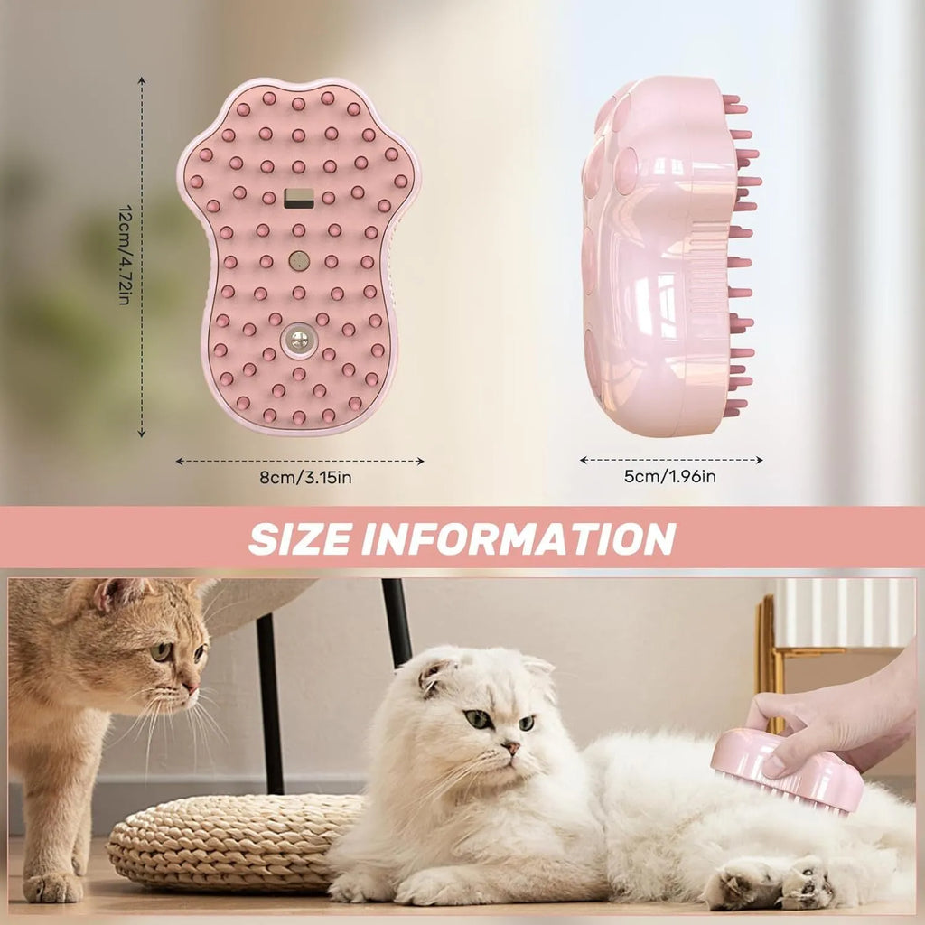 Self-cleaning cat steam brush with silicone bristles and rechargeable spray in blue colour