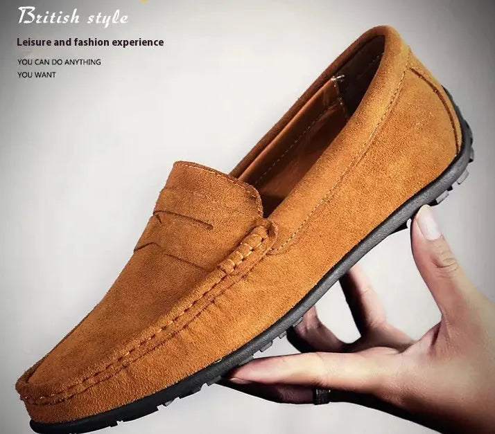 Men's suede leather casual loafers in low-top Gommino style with rubber soles