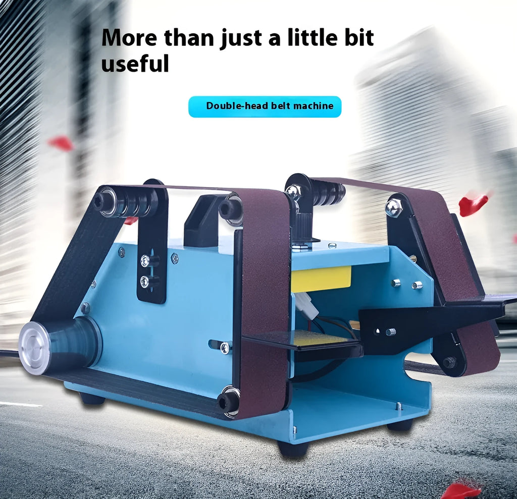 Blue desktop dual-axis belt sander with a 750W motor and variable speed control for sharpening and sanding.