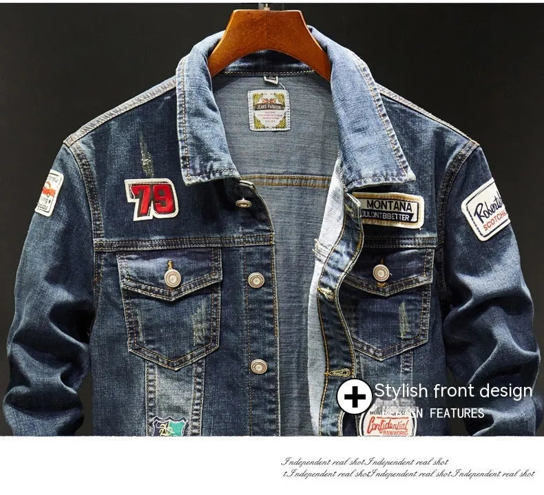 Plus size men's dark blue denim jacket with slim fit, long sleeves, round hem, no hood, cotton fabric