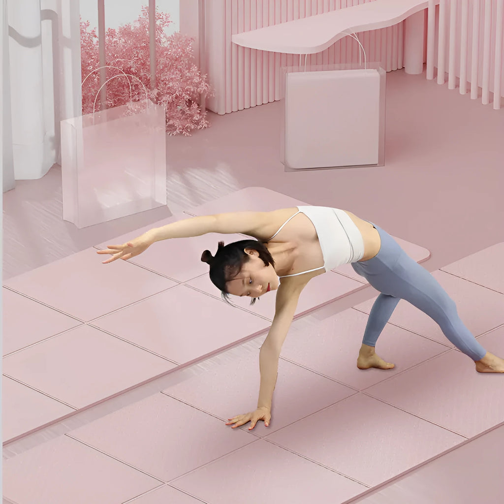 Purple TPE folding gymnastic mat, shown open and folded, on a wooden floor.