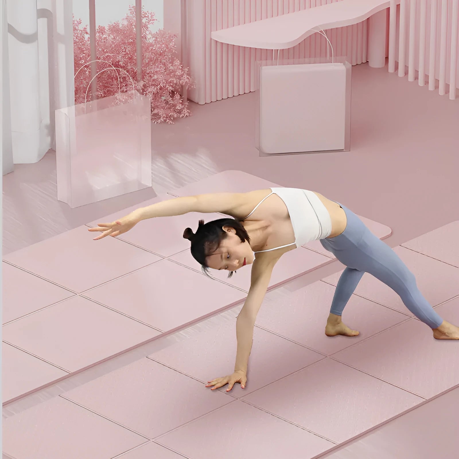 Purple TPE folding gymnastic mat, shown open and folded, on a wooden floor.