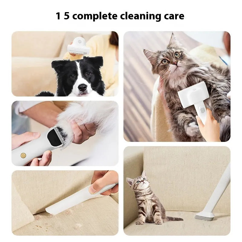 Pink and white pet hair vacuum cleaner with electric shaver attachment and grooming accessories on white background