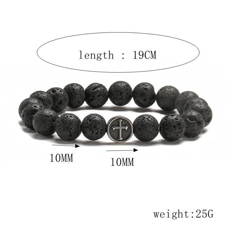 Geometric volcanic rock agate bracelet with stainless steel finish showing structured design