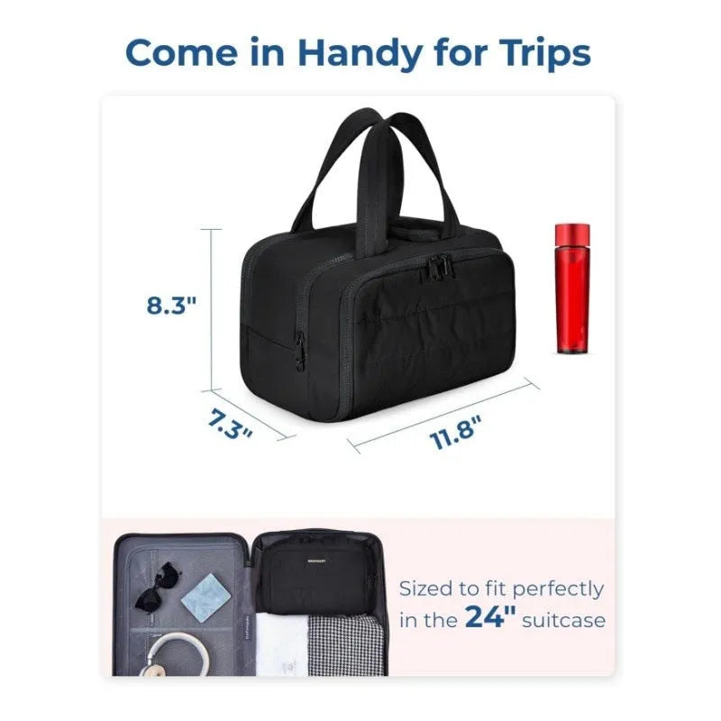 Large capacity travel toiletry bag with wide opening in five colour options