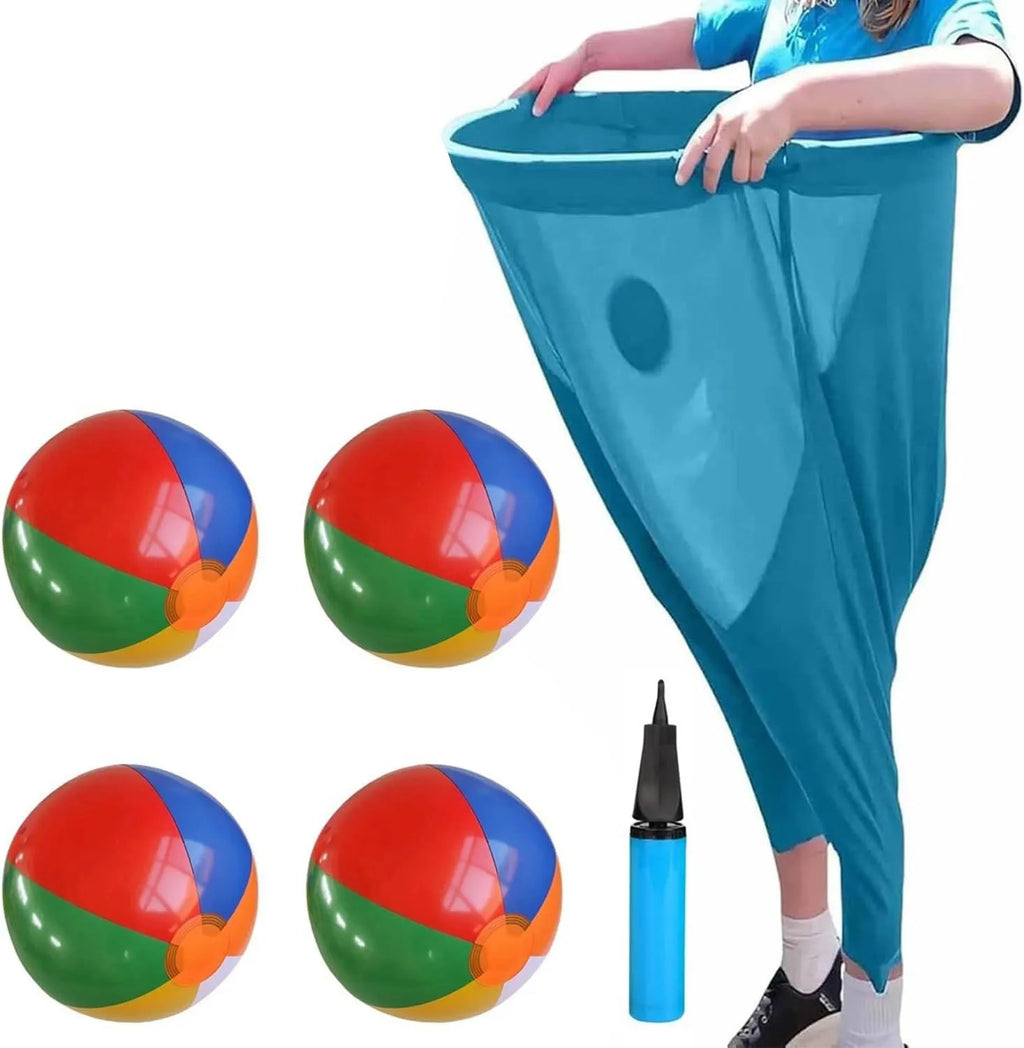 Set of cloth ball-catching trousers in green with a pump and balls for elderly outdoor reception game