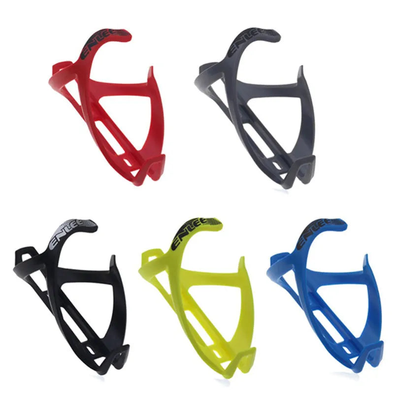 TPR plastic mountain bike water bottle cage in fluorescent yellow showing bottle retention design