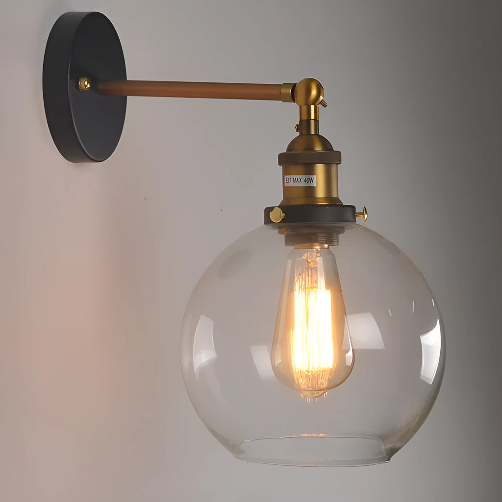 20cm retro round ball glass wall lamp with aluminium holder in transparent, amber or smoke grey