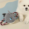 Grey turtle-shaped plush dog toy with knotted rope legs and squeaker