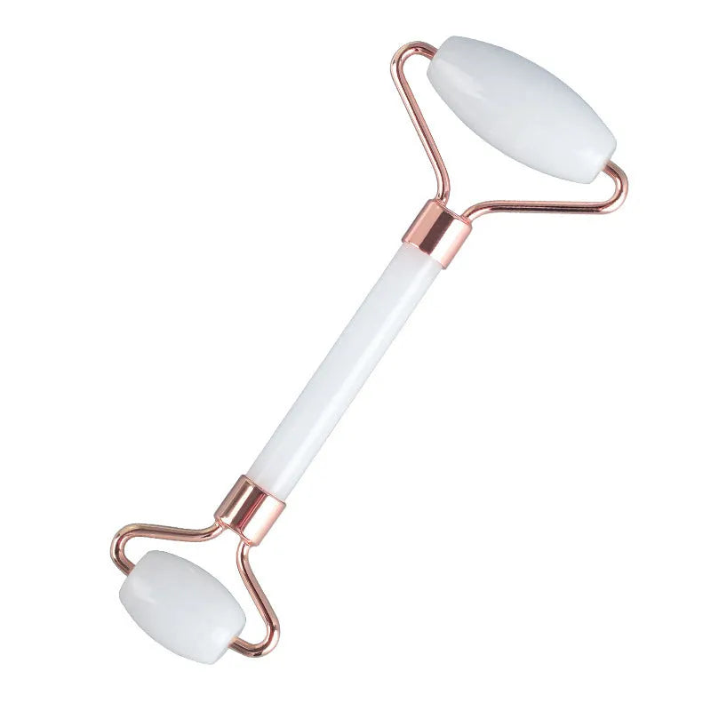 Natural white jade double-headed roller and scraping claw set with storage board.