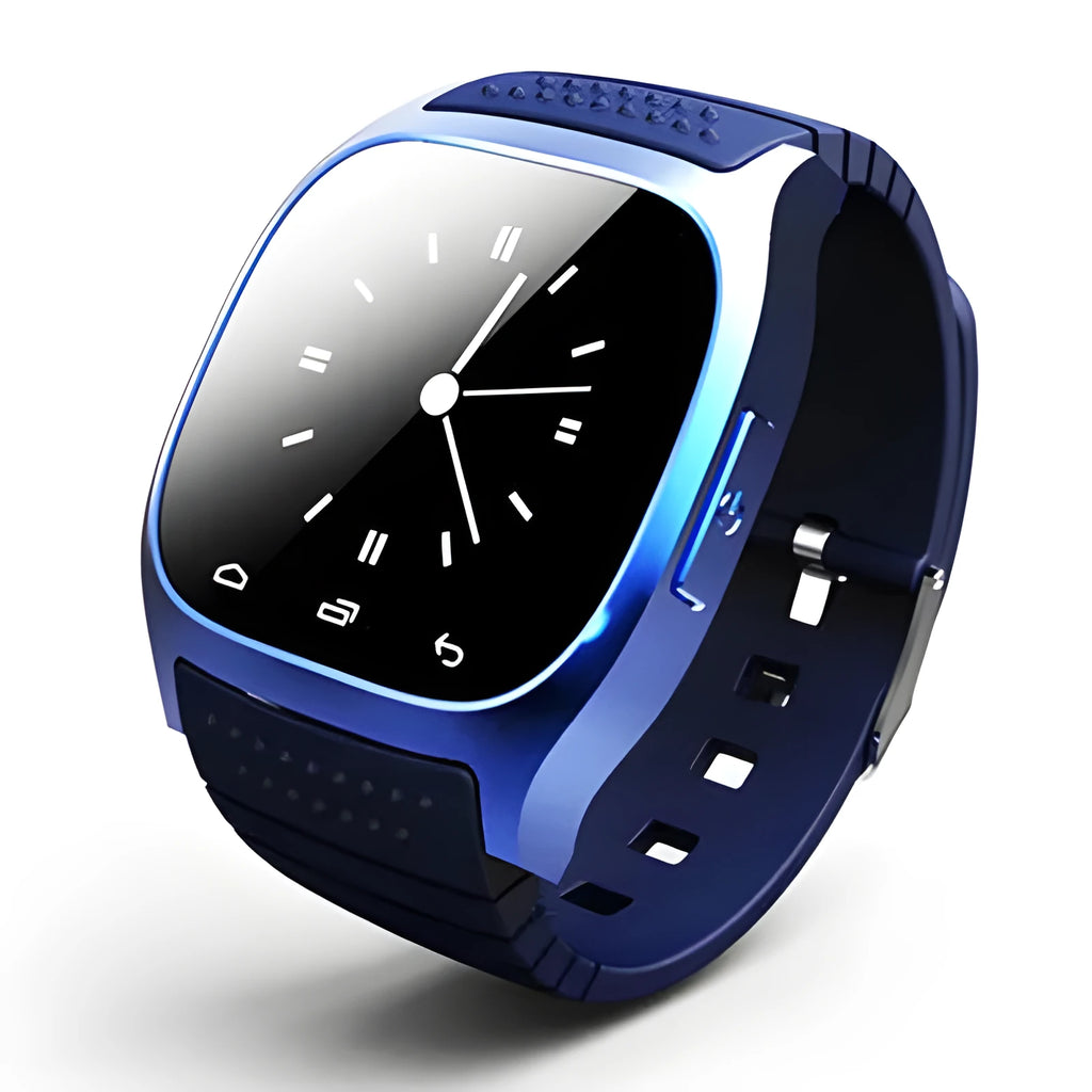 Bluetooth sports smartwatch in black, white, or blue with smartphone compatibility