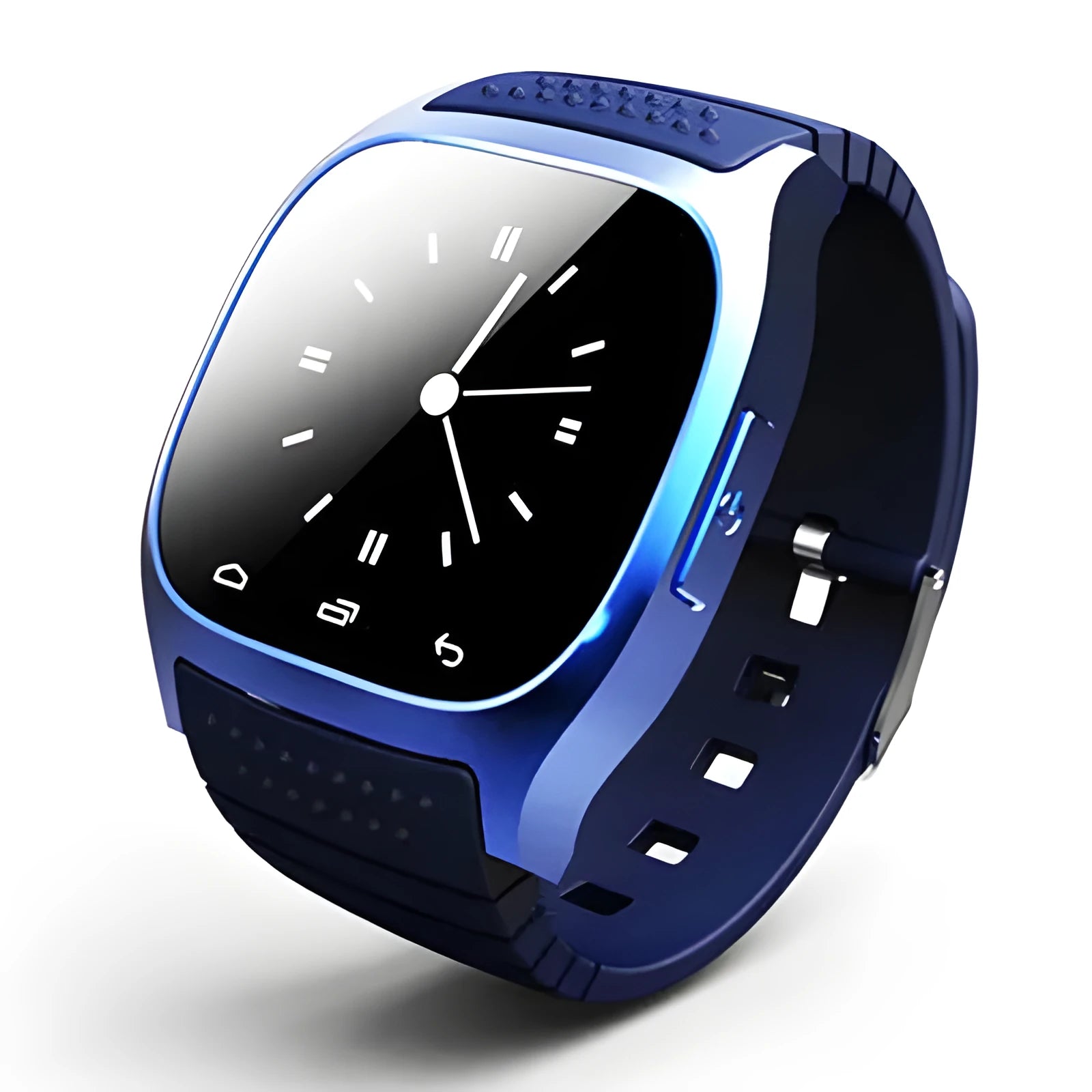 Bluetooth sports smartwatch in black, white, or blue with smartphone compatibility