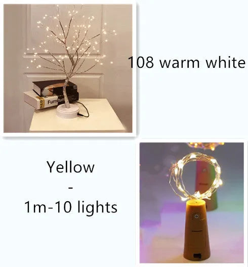 2 metre long copper wire LED light string wrapped around a glass wine bottle with 20 small white LEDs.