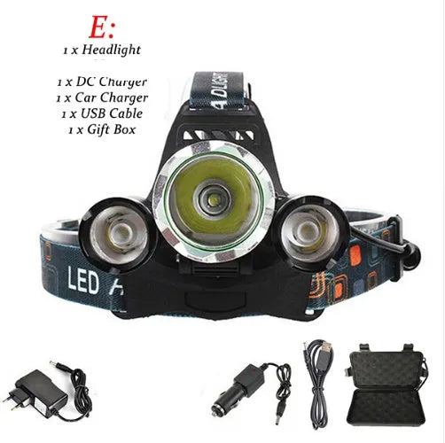 Rechargeable aluminium headlamp with adjustable headband on black background, showing LED lens and switch.