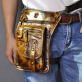 Men's black genuine leather punk fanny pack with zip, shown horizontally with phone and ID pockets visible.