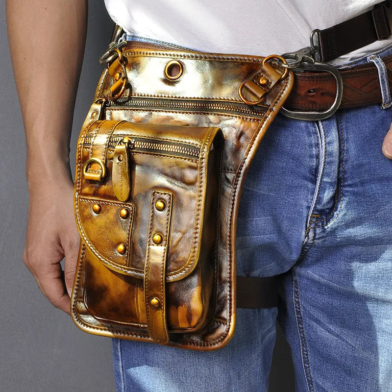 Men's black genuine leather punk fanny pack with zip, shown horizontally with phone and ID pockets visible.