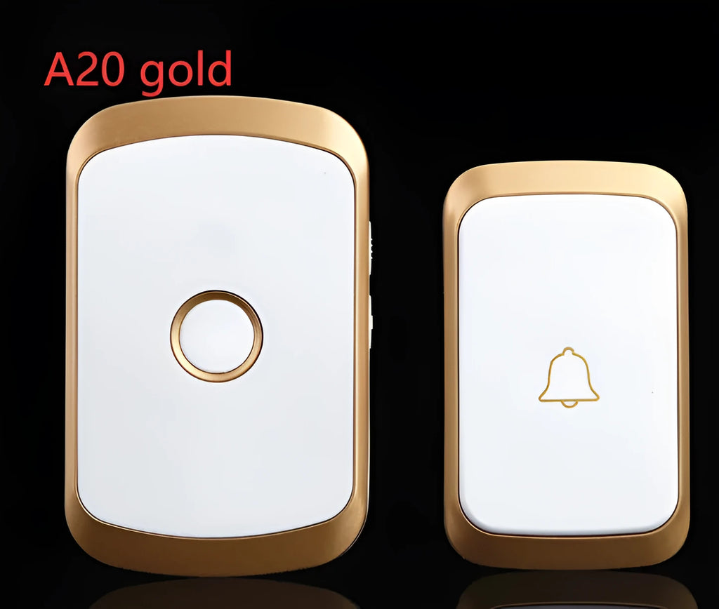 Wireless doorbell receiver and transmitter unit in white colour, showing plug and battery compartment.