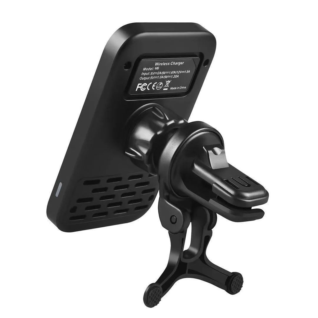 Black M6 car bracket magnetic wireless charger with adjustable vent clip for dashboard mounting