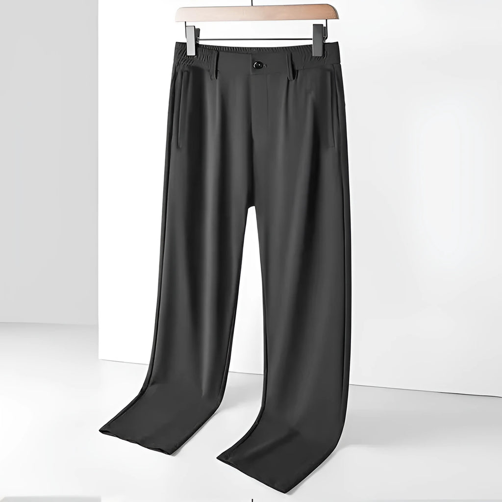 Men's loose-fit ice silk casual trousers in black, shown front and back.