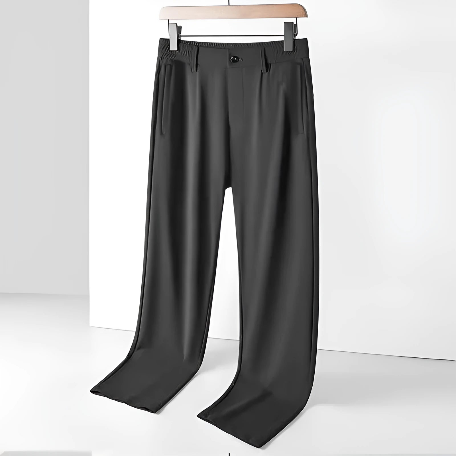Men's loose-fit ice silk casual trousers in black, shown front and back.