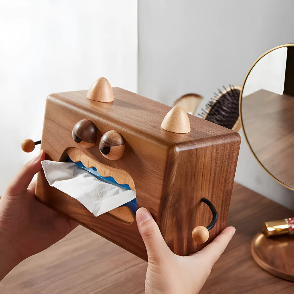 Cartoon monster design wooden tissue box in walnut beech finish, 190mm long