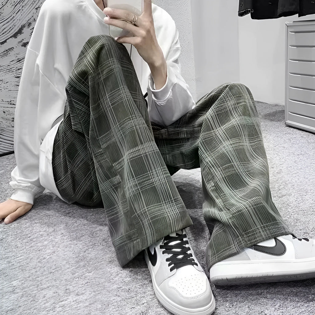 Japanese retro plaid loose fit trousers in straight leg design available in black or green
