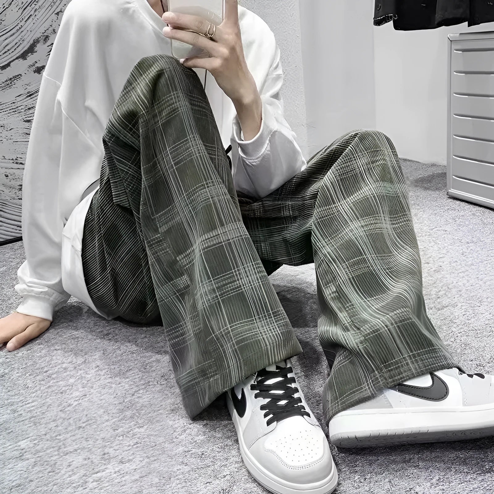 Japanese retro plaid loose fit trousers in straight leg design available in black or green