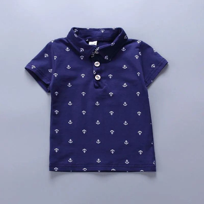 Anchor printed children's cotton pants suit in blue, short sleeve pullover style, soft treatment fabric