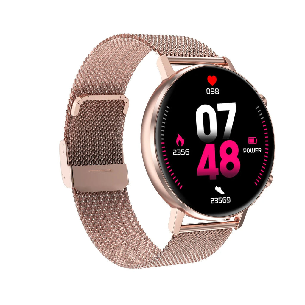 DT96 smart fitness tracker with steel strap on wrist displaying time on 1.3-inch screen