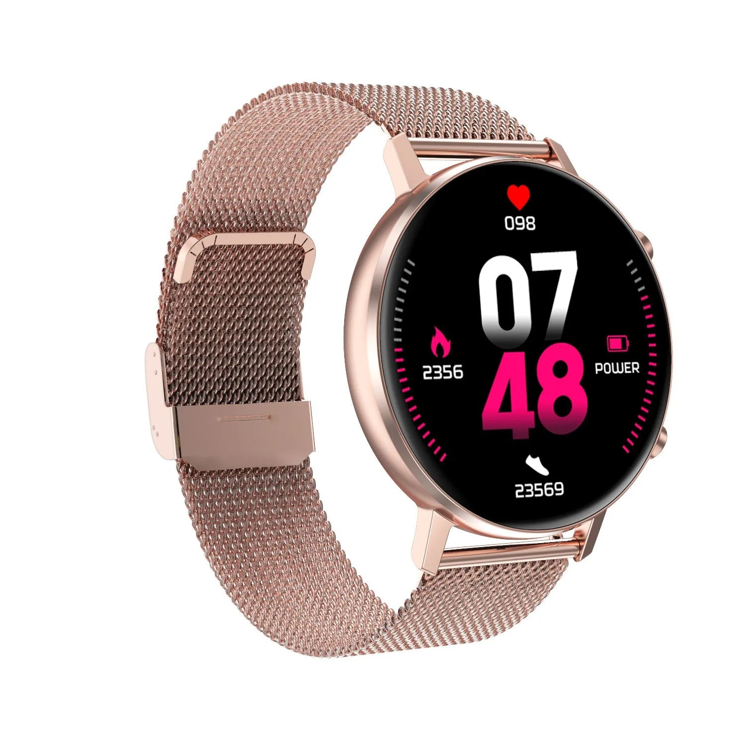 DT96 smart fitness tracker with steel strap on wrist displaying time on 1.3-inch screen