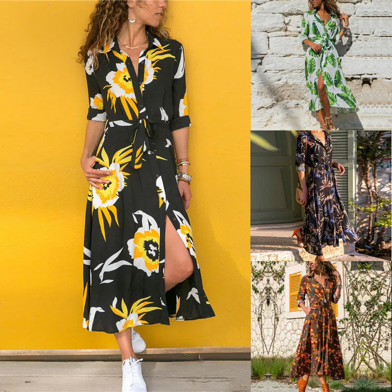 Women's vintage printed chiffon dress with V-neck collar and A-line skirt in black blue.