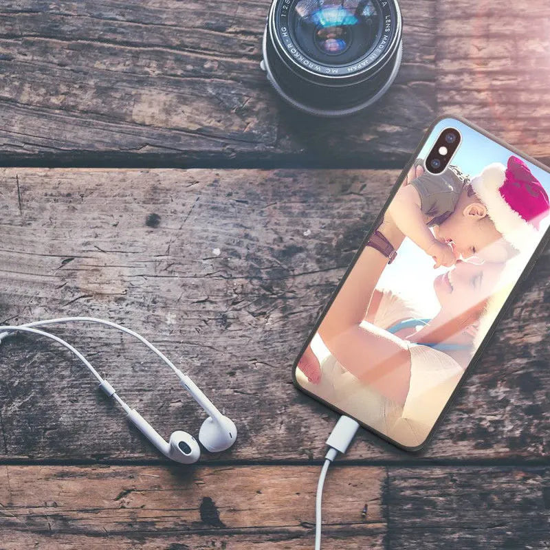 Custom patterned slim iPhone case showing raised edges protecting camera and screen on a compatible phone.