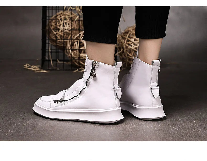 Men's black and white PU leather ankle boots in a high-top sneaker style for winter.