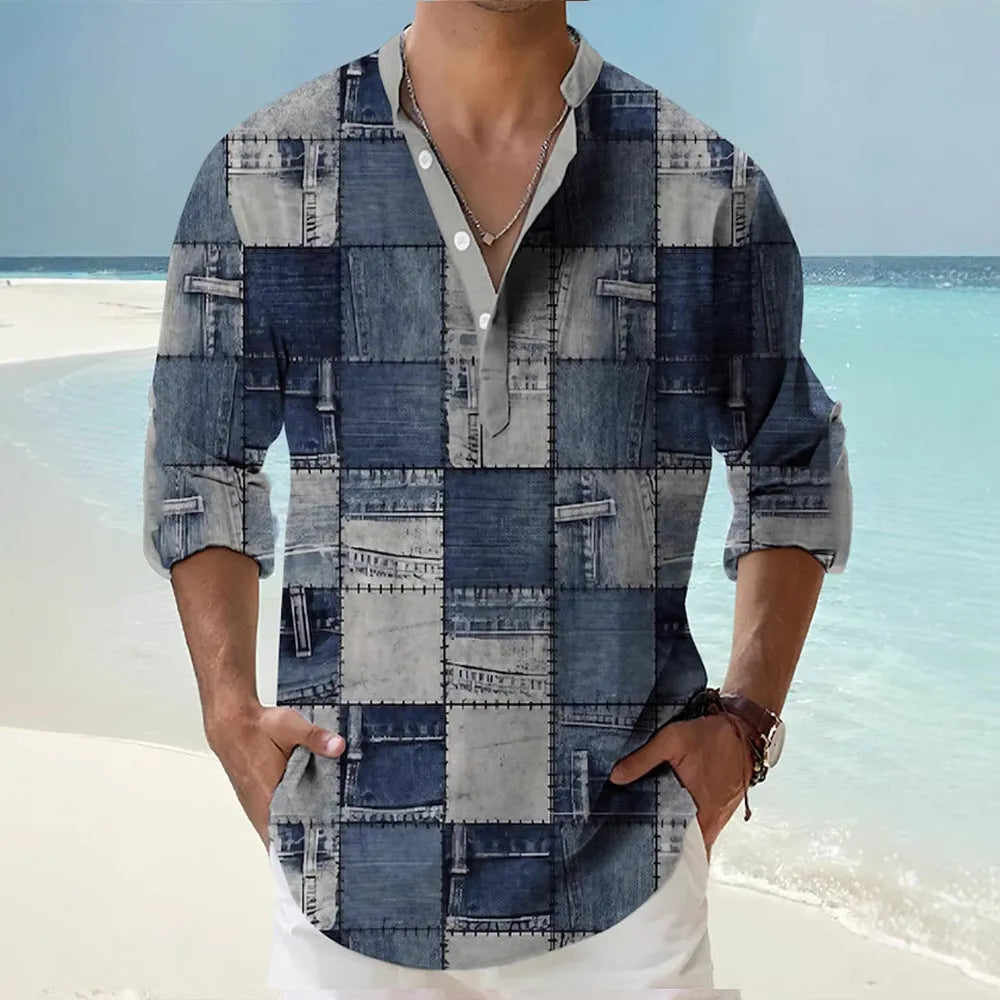 Thin striped Hawaiian long sleeve shirt in polyester fabric with cardigan styling