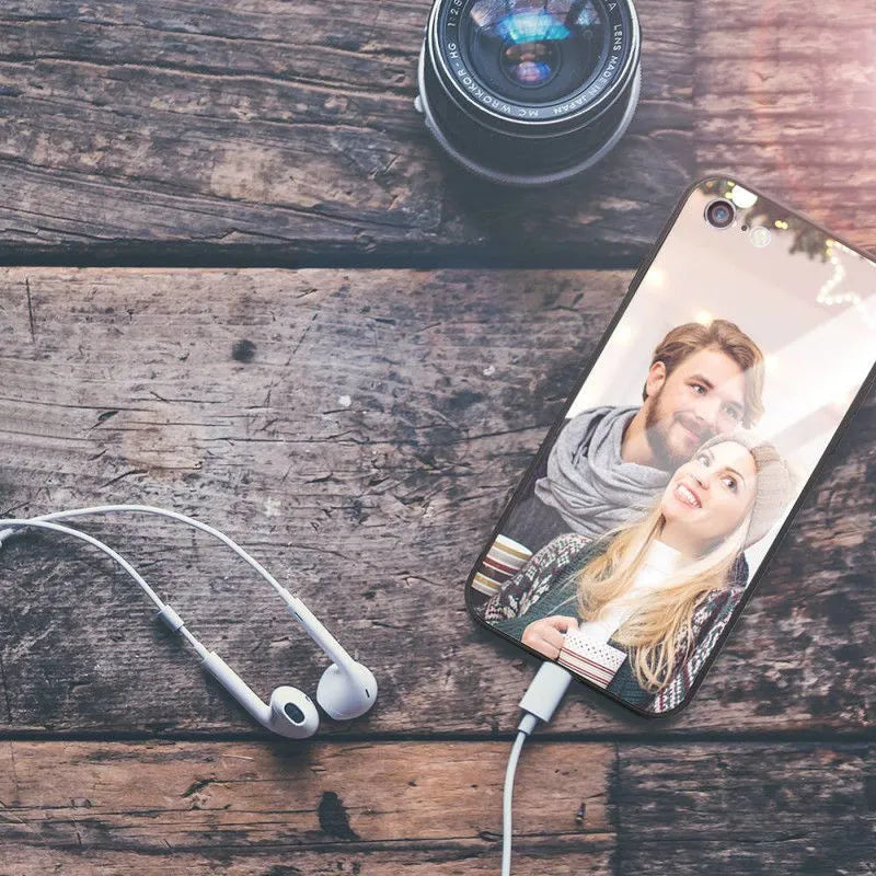 Custom patterned slim iPhone case showing raised edges protecting camera and screen on a compatible phone.