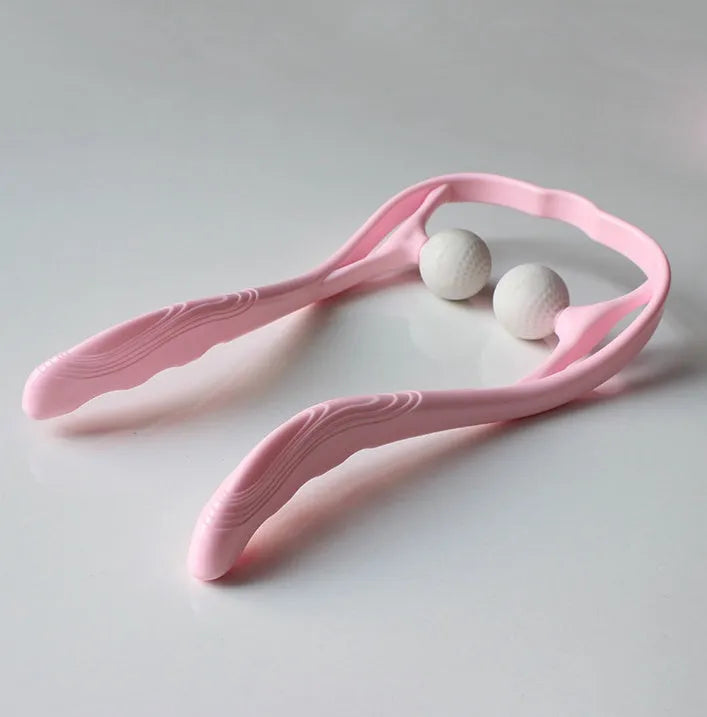 Plastic swan-shaped neck and shoulder massager roller in blue, green, or pink on a white background