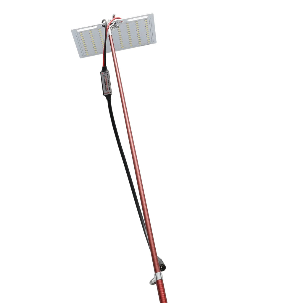 White LED fishing rod light panel mounted on a tall telescopic pole for outdoor use