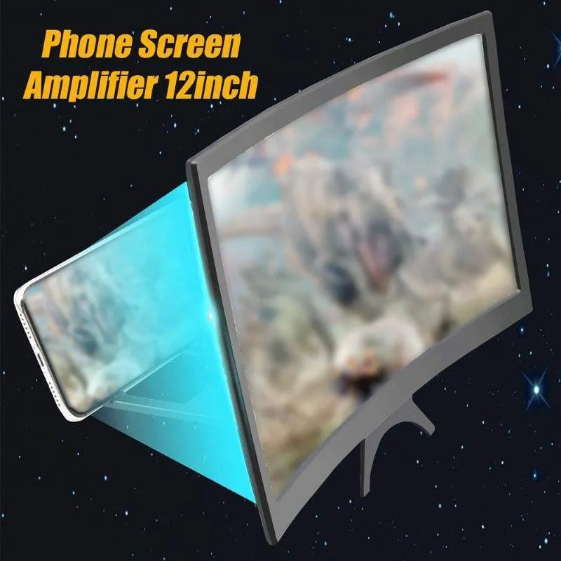 12 inch black ABS mobile screen magnifier with HD acrylic lens on a desk, showing a phone held in anti-slip slot