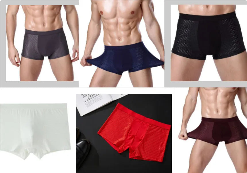 Men's modal boxer briefs with U convex design in multiple colour options on size chart