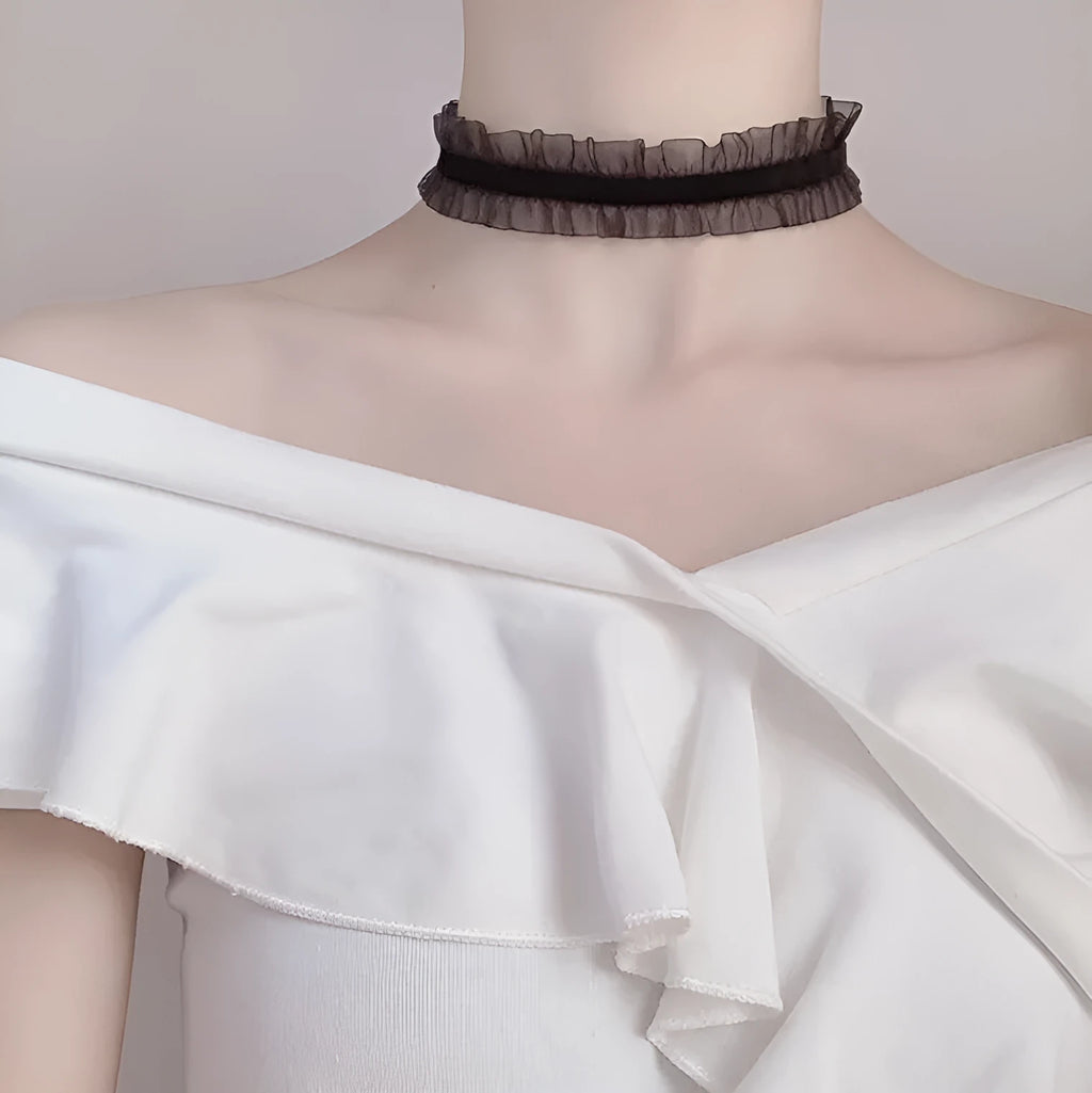 Alloy clavicle necklace with velvet ruffled flower pendant and snake bones chain in black, light coffee, or white.