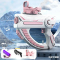 Blue electric water gun with USB charging port and trigger, showing water capacity measurement