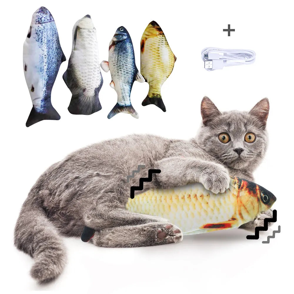 USB rechargeable electronic jumping fish cat toy in multicolour, 30cm long.