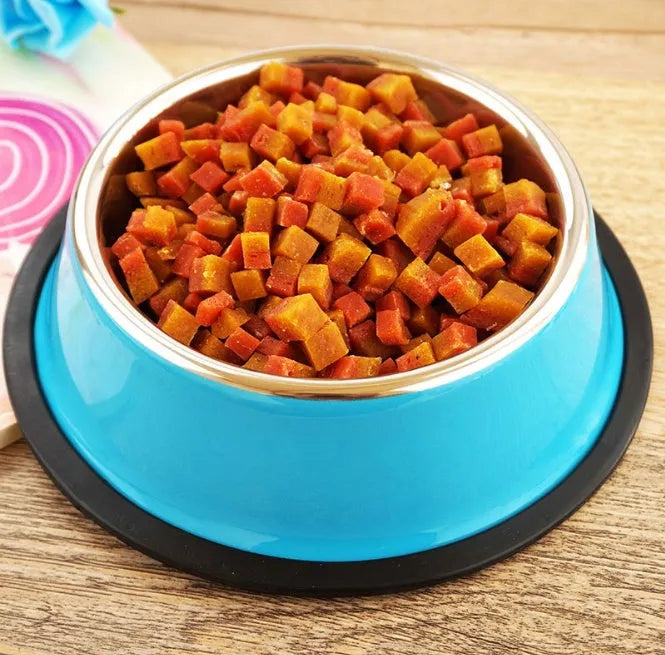 Stainless steel and colourful melamine dual pet feeding bowl with non-slip rubber base