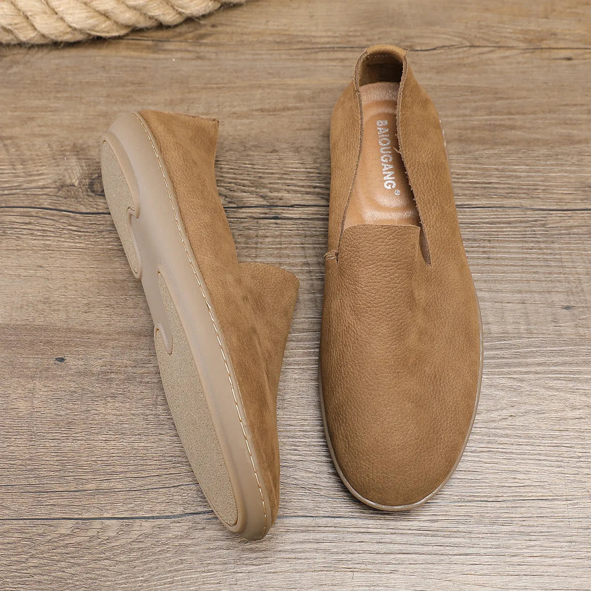 Men's handmade casual shoes with cowhide lining in khaki colour showing low-top design and rubber sole