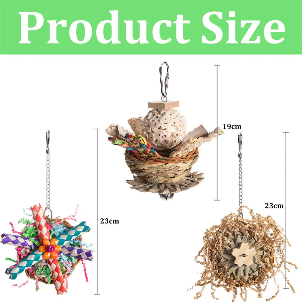 Three-piece parrot gnawing molar chew toy set with hanging attachments for cage mounting