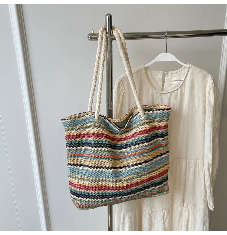 Blue straw woven nylon shoulder bag with polyester lining and single-shoulder strap
