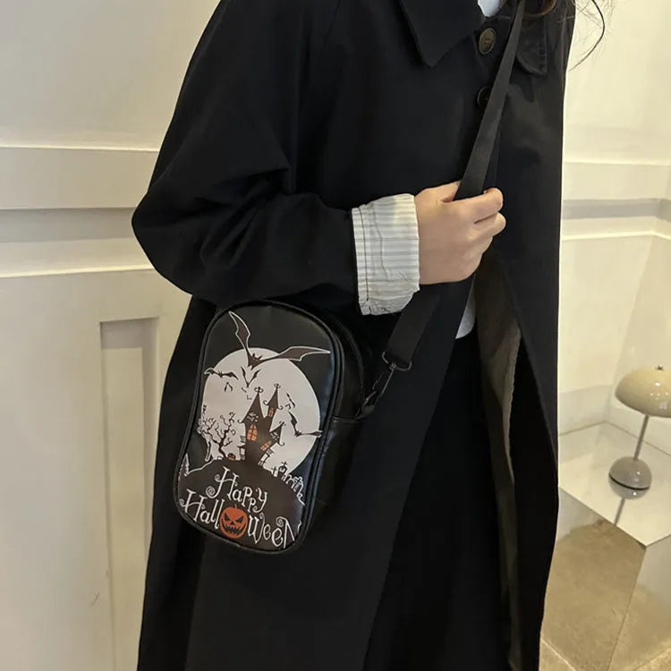 Halloween graffiti print crossbody bag with pumpkin ghost bat cartoons in medium size