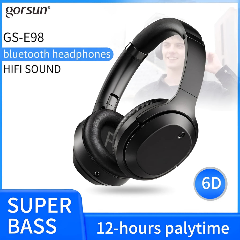 Black Gorsun E98 over-ear wireless Bluetooth headphones with padded headband.