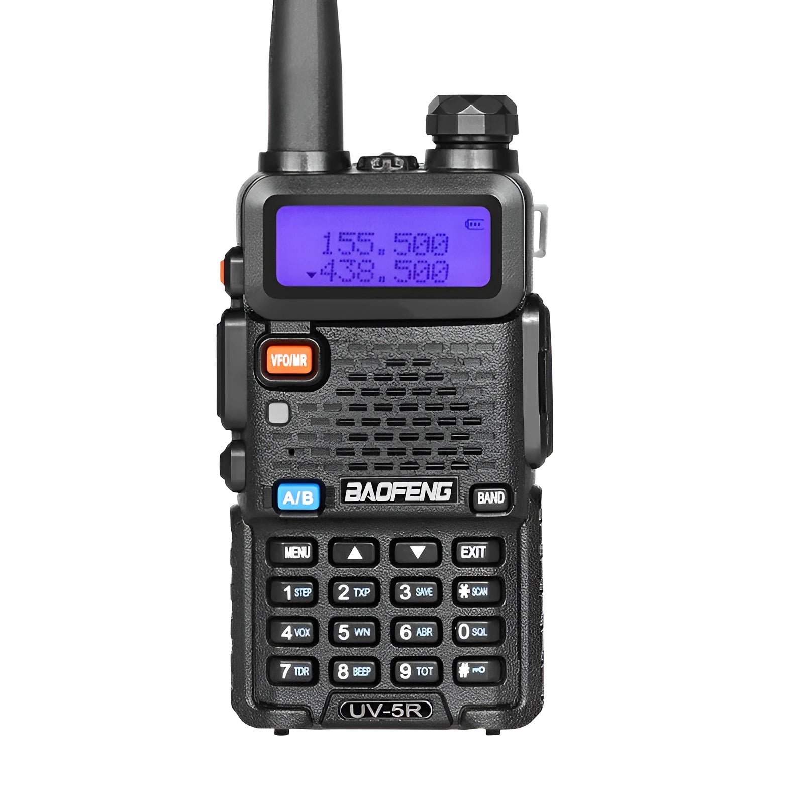 Black dual-band UHF VHF walkie talkie with antenna, showing compact 110x58x32mm dimensions.